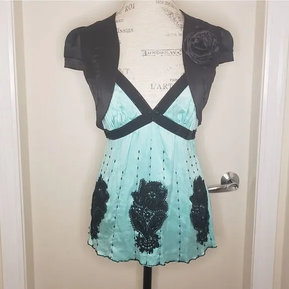Blue Silk Lace Velvet Beaded Camisole - Picture 13 of 14